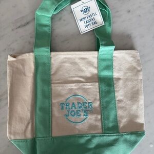 Trade Joe's mini canvas tote bag (Mint Green) with Sky Blue Trader Joe's logo